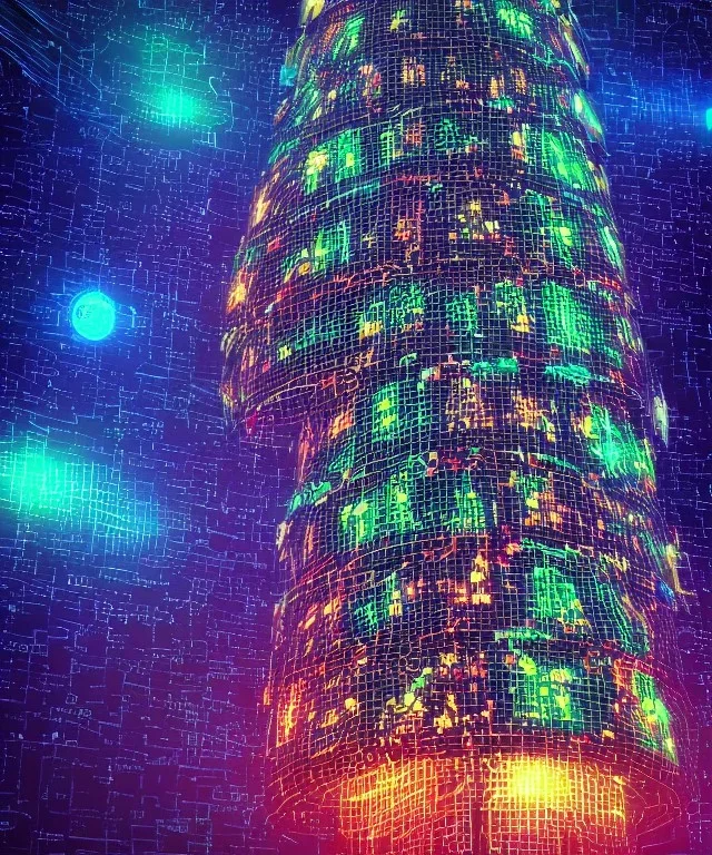 Painting of Christmas tree inside futuristic cyberpunk space ship matrix code