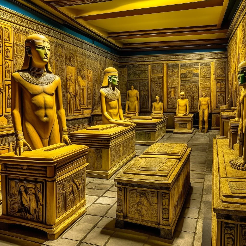 Golden yellow chambers with tombs and mummies designed in ancient Egyptian architectures and sculptures painted by Henri Rousseau