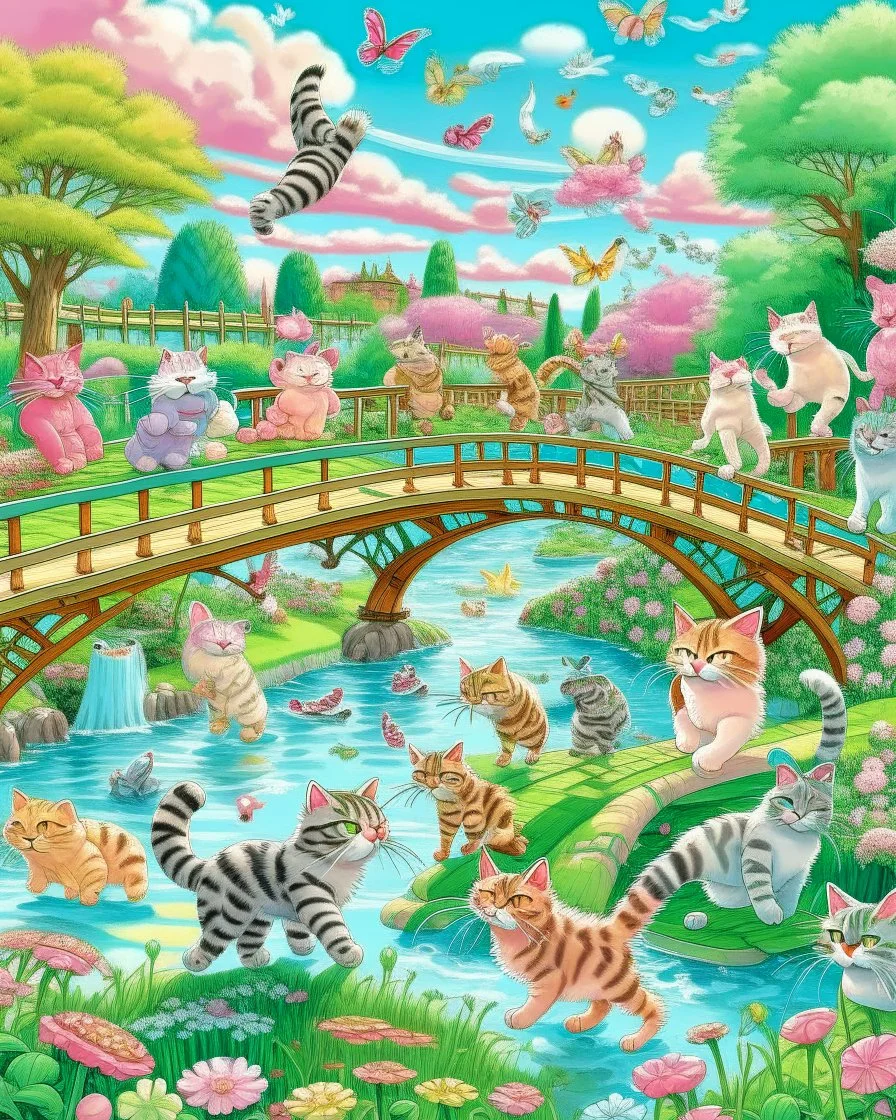 in the center: beautiful chunky cats dancing on a bridge , background: landscape, first plan: pink flowers and a small river with blue water, sky: white clouds with more cats sitting on them