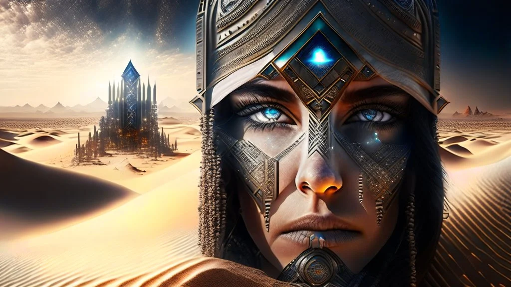 White desert sands with black tower painterly fantasy art matrix style cyborg portrait detailed symmetrical realistic eyes steampunk cyborg cyborg intricate detailed to scale hyperrealistic dark lighting digital concept art