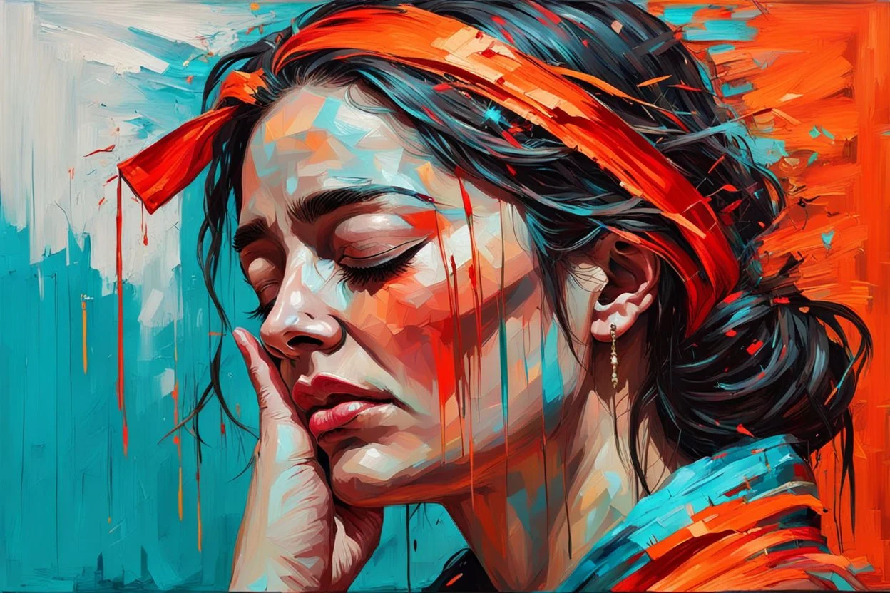 a painting of a woman with her eyes closed and having a headache, epic vibrant, wlop : :, raggae art, detailed heavy impasto, dazzling colors of orange and red and black, cyan ribbon glitches