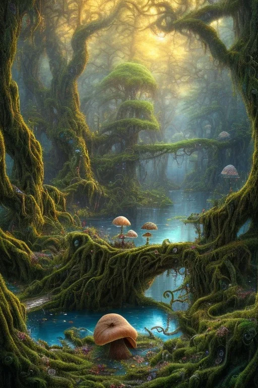 high-quality, fine-detail beautiful, breath-taking forest with gnarled trees, flowers, clear reflective lake, dragon, some mushrooms, tranquil, stunning, 8k resolution, intricate, digital art, detailed matte, volumetric lighting, George Grie, Anne Dittman, Anne Stokes, Lisa Parker, Selina French, Alphonse Mucha