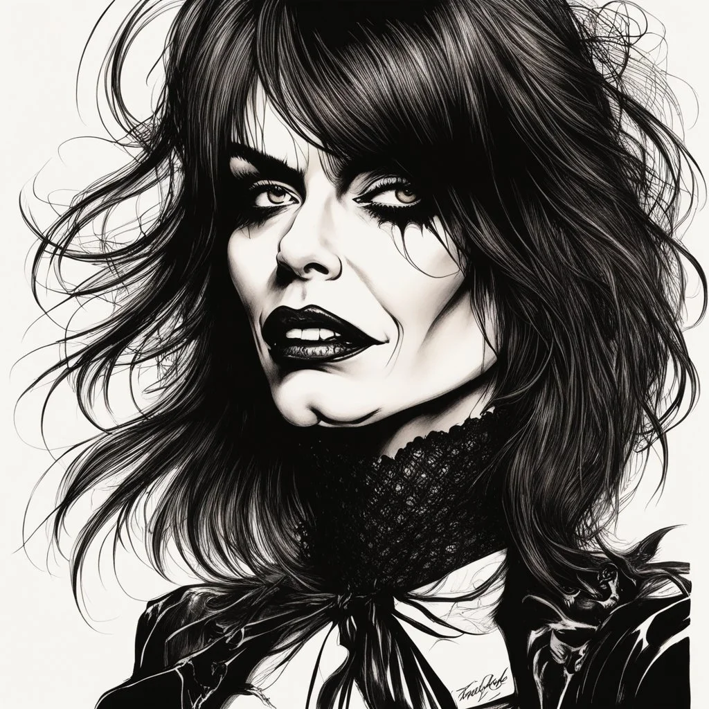 create a wild caricature of Chrissie Hynde as a savage, sullen, gothpunk vampire girl with highly detailed and refined facial features and hair, clothed in an ornate Gothic rags and fishnet stockings, in the caricature cartoon style of Gerald Scarfe and Ralph Steadman, precisely drawn, boldly inked, vividly colored, 4k