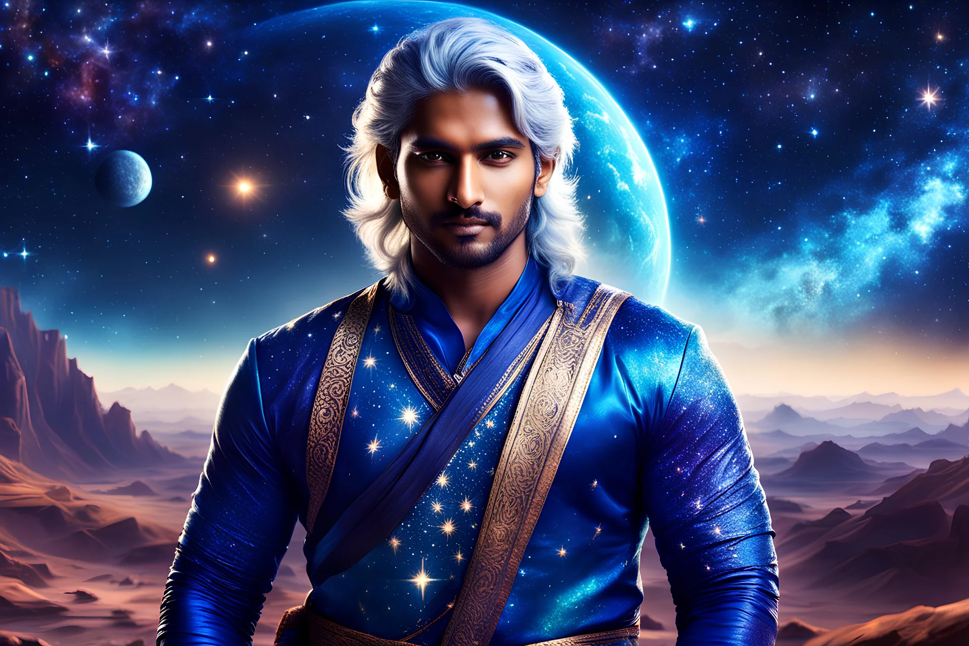 handsome Indian man, bright, light hair, blue and galactic clothes, space and starry indian landscape