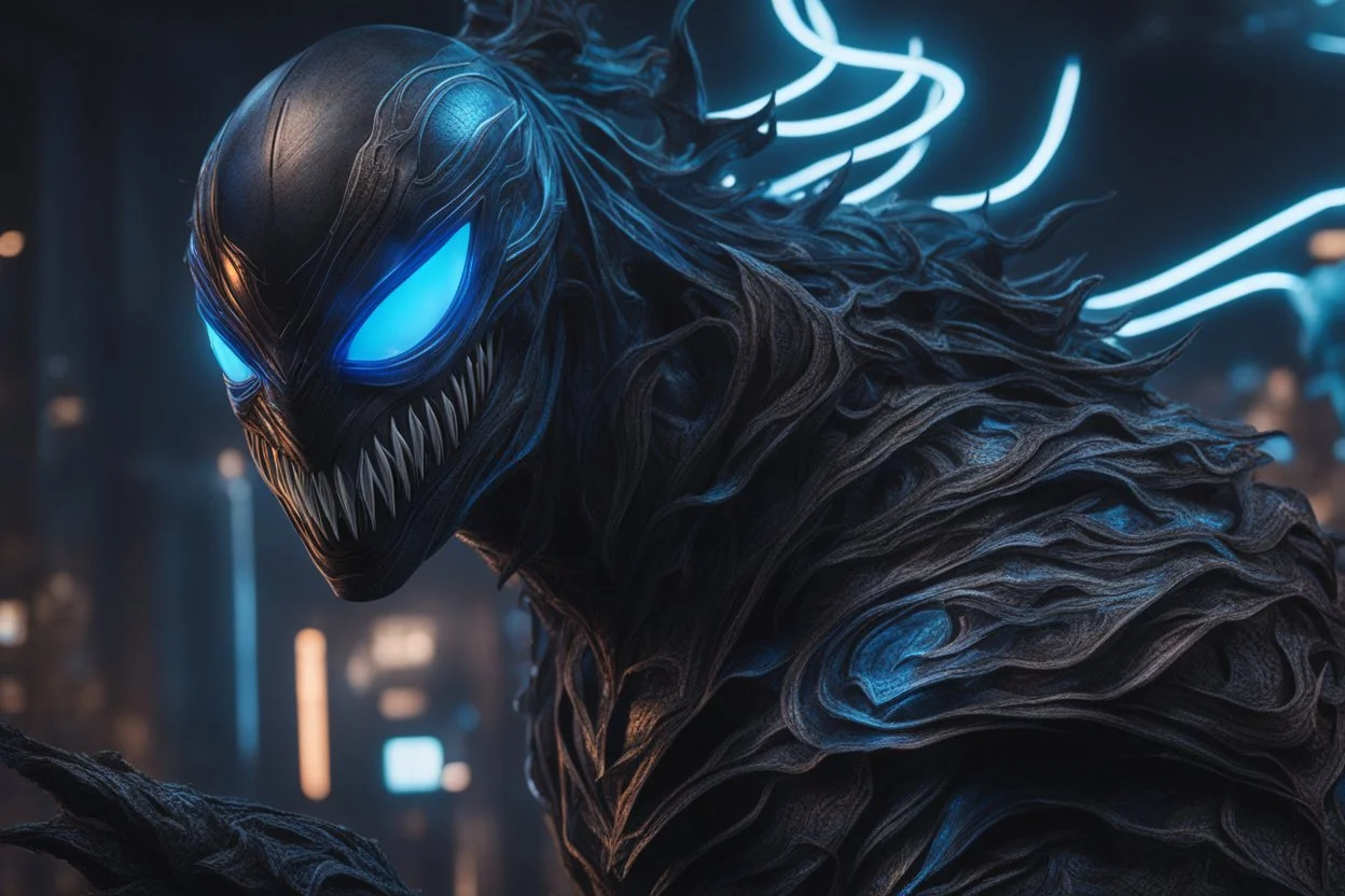 Huge symbiote in 8k arcane drawing, shaco model, Halloween theme, neon blue lights, Chaos sea, intricate details, highly detailed, high details, detailed portrait, masterpiece,ultra detailed, ultra quality