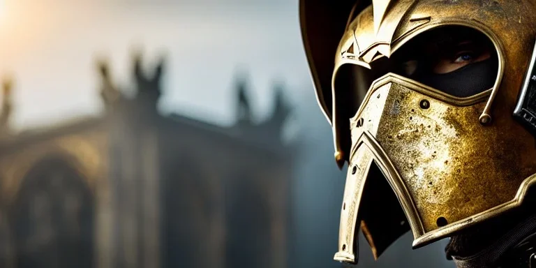 apocalypse, chaotic, magnificent, realistic, colorful, massive, epic, ray tracing, cinematic, 8k, HD, Ultra High Definition, photo film, film grain, hyper-detailed, old tarnished ornate rusty Hyper detailed Gold Gothic Medieval Knight helmet with opaque glass visor covering face and matching suit of armor, background with colorful destroyed ancient gothic ruins