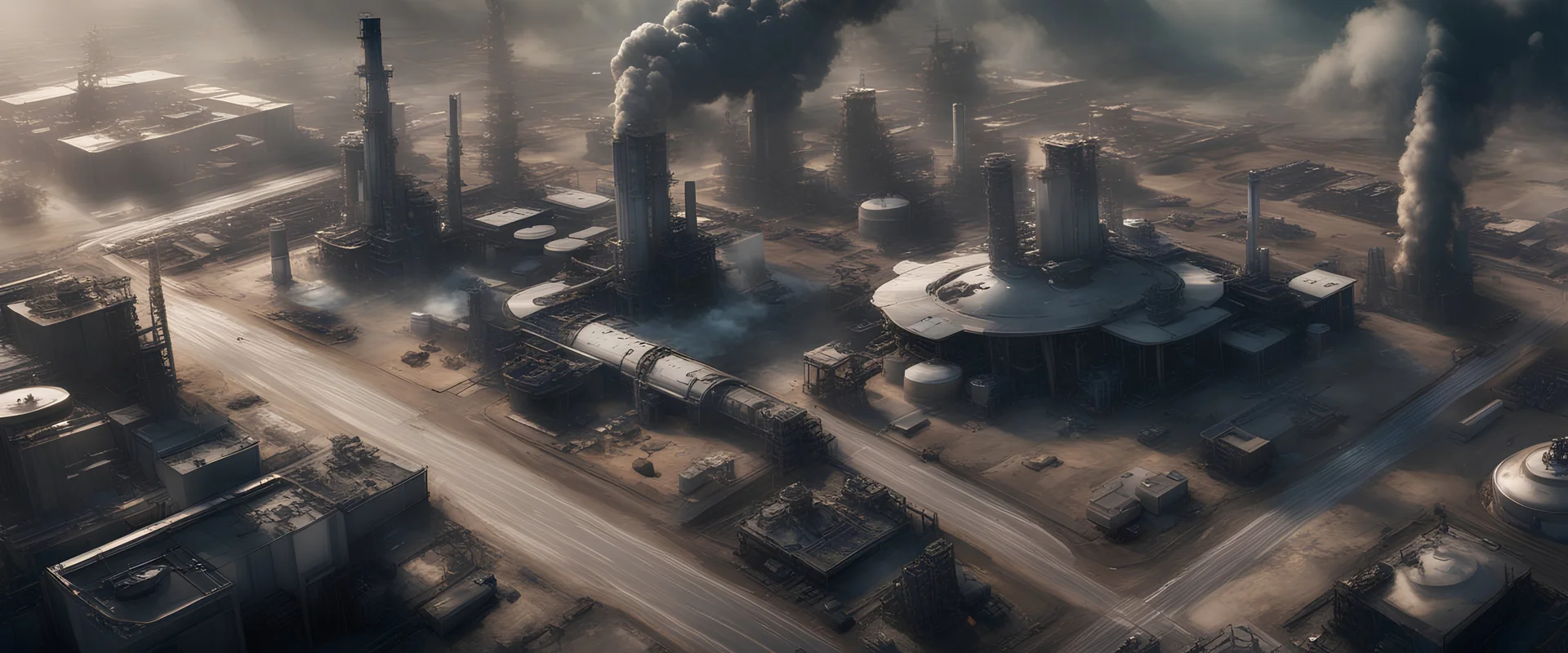 photo raw, movie film still screengrab, 8k uhd, 1986 movie, ultra-wide aerial shot of a refinery, sharp focus, complex lighting, backlighting, rim lighting, award winning, by weta workshop, artstation, james cameron movie look, aliens, advanced warfare concept art, metal gear solid hideo kojima, f22 raptor, f35b, dark, grim, low-key lighting, moisture, 35mm film look, film grain, night lighting, dark environment,