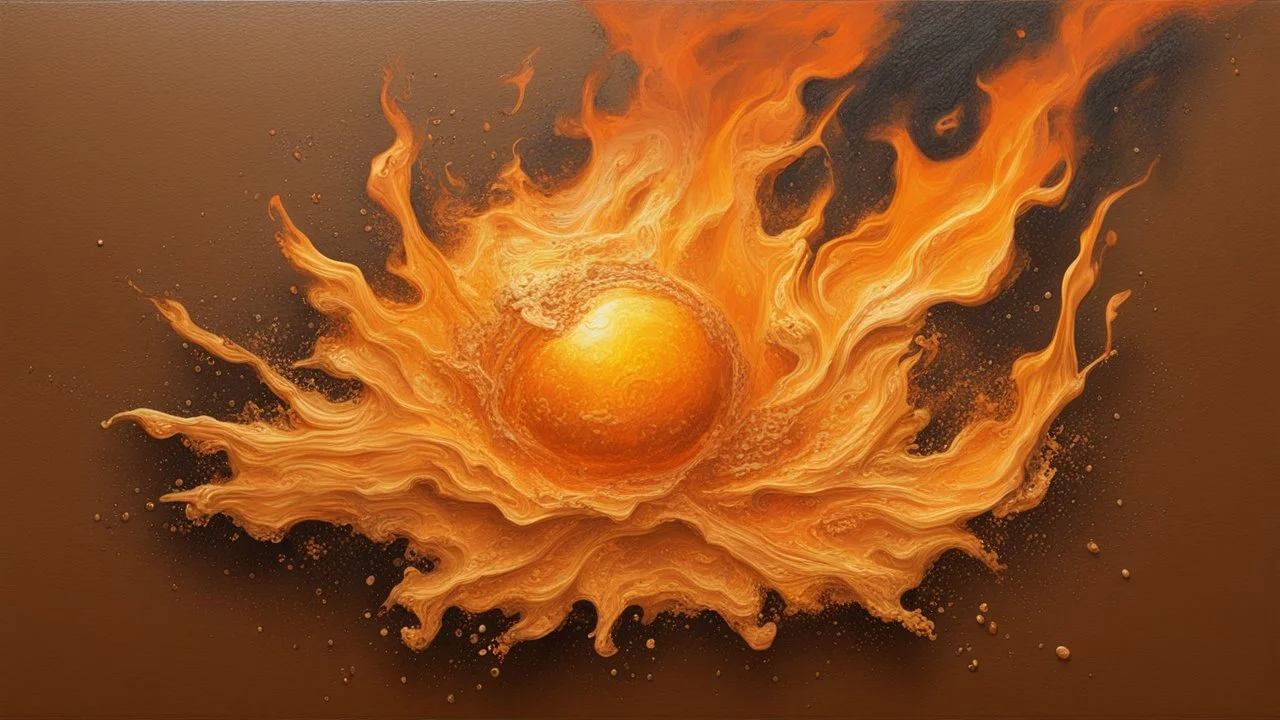 Hyper Realistic Golden-oil-paint on orange-background with burning-embers on it