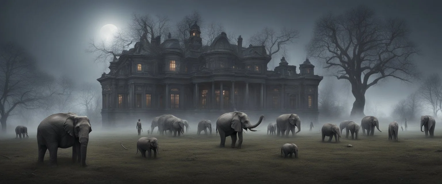 Hyper Realistic zombies & elephants on the field behind a huge dark mansion with dry old tree at a foggy snowfall night