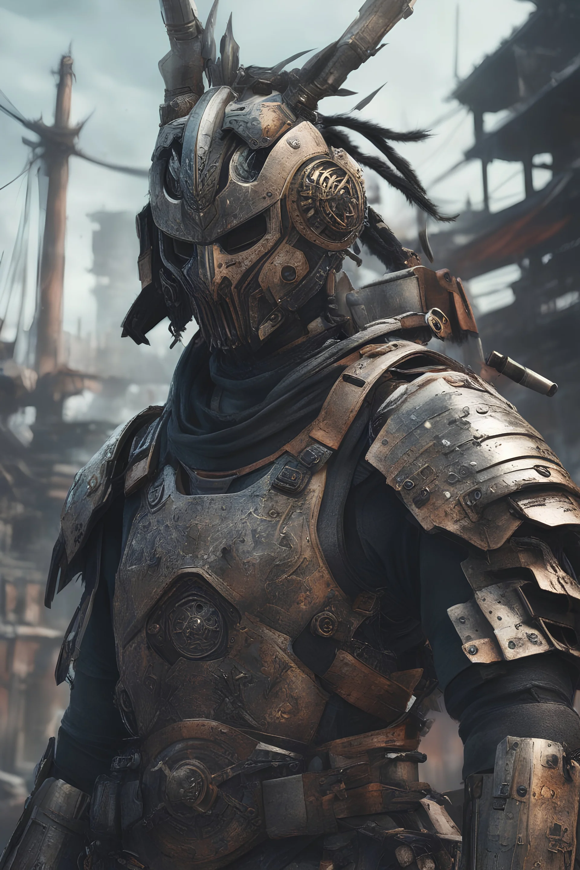 Close image of Anime depiction of a cybernetic samurai in a post-apocalyptic setting, focusing on the intricacies of the armor and weaponry, 8k realistic