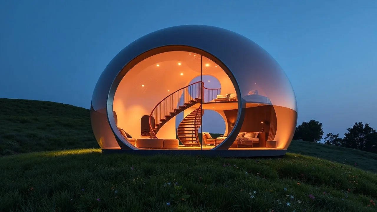 A gleaming spherical home stands on a grassy hill. The sphere is actually two interlocking orbs, whose seamless glass exteriors form a figure eight. Soft ambient lighting emanates from within, giving the structure an ethereal glow as dusk approaches. The lower sphere contains open, communal living spaces, while the upper sphere houses enclosed, private bedrooms. A spiral staircase connects the levels. Lush greenery surrounds the base, with colorful wildflowers dotting the landscape.