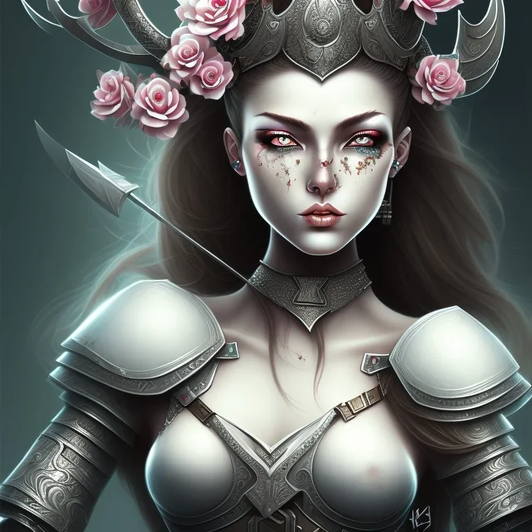 lady warrior with white top and black eyes and flower