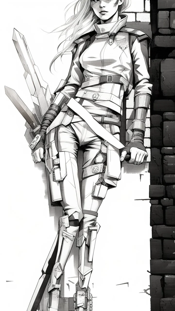 teen woman in retro-futurist cyberpunk costuming with pants and sheathed swords leaning to the side with shoulder against a brick pillar, add a background of brick with graffiti of a large arrow pointing to the right and text of the word "PUB" on lower left