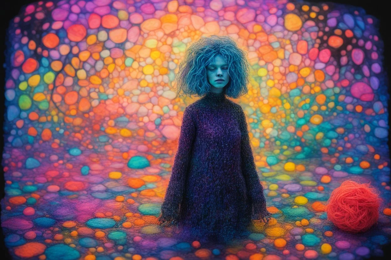 black light art, knitted dream, food, neon colors, styles of Paul Klee Dee Nickerson and Tim Burton, melting watercolor and black ink outlines on wet paper, soft, shading strokes, in sunshine, ethereal, otherwordly, cinematic postprocessing, bokeh, dof