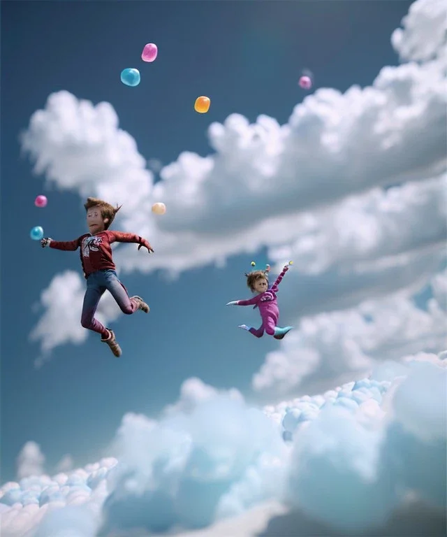 Ultra realistic clouds sky scene, wide angle, medium shot view, portrait, sweet Childs, free jumping flying, trinkets, monster hair, jelly beans, balls, smile, happy, Peter Pan style, inflatable color clothing, extreme, wind, clouds sea, 20,000 feet altitude, stratosphere, soft color, highly detailed, unreal engine 5, ray tracing, RTX, lumen lighting, ultra detail, volumetric lighting, 3d, finely drawn, high definition, high resolution.