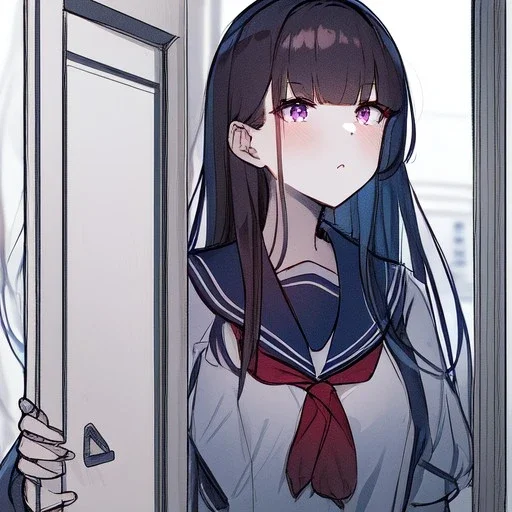 Clear focus, High resolution, rough line sketch, black long hair chopped bangs, purple eyes, wearing a sailor uniform with a red bow, opening door, suprised look on face