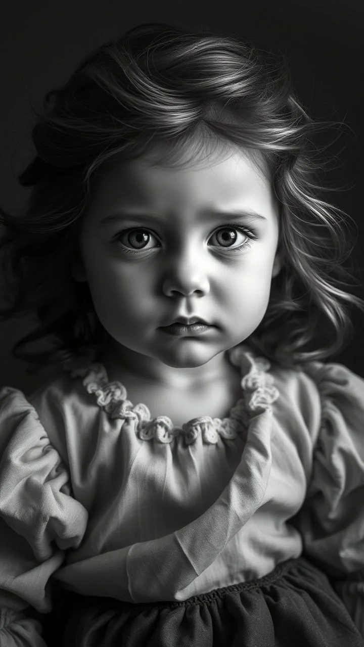 A stunningly lifelike portrait captures the essence of an elegant baby girl features delicate and captivating. ,the image is a highly detailed, monochromatic masterpiece. Every strand of her flowing hair, each contour of her face, is depicted with breathtaking precision. The contrast of light and shadow, the intricate textures of fabric and skin, all combine to create a portrait so realistic, it almost appears to breathe. This work