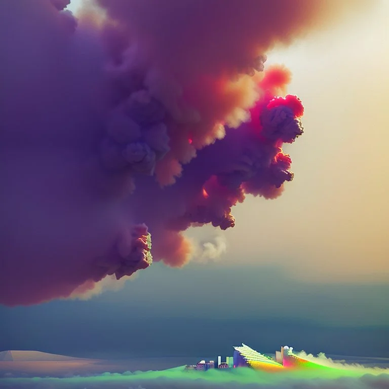 garbage dump, smoke plumes, clouds, smog, city scape with pollution, double exposure photography, colourful nature, clean sharp focus, on white background, Fractal Geometry buildings, sacred geometry