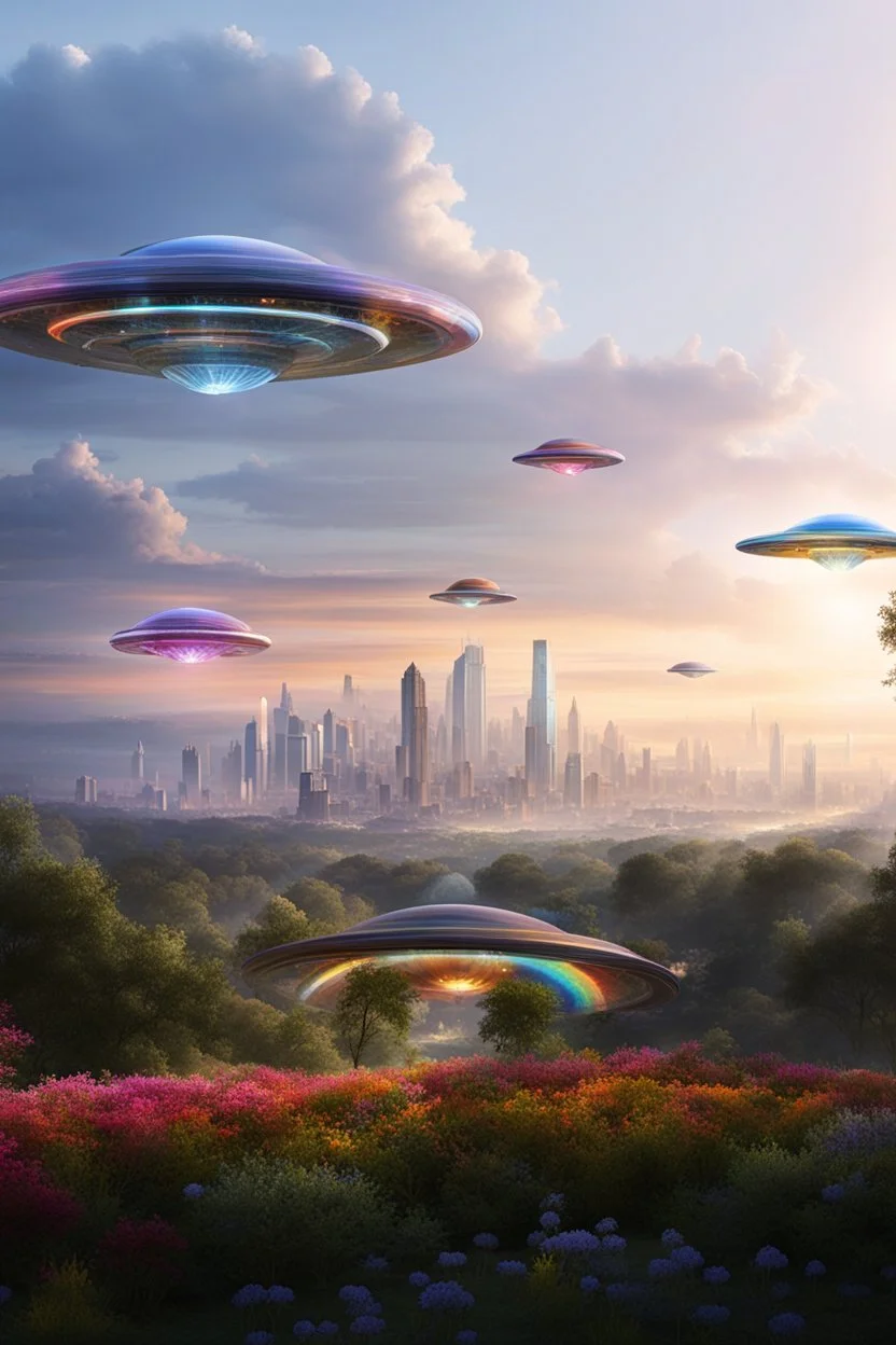 ufo rainbows, cité cristal très futuriste ultra moderne, ufos fleet, intergalactic, dômes de cristal, beautiful gardens , flowers