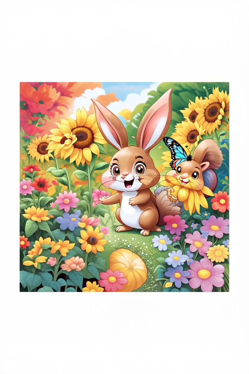 The cute bunny excitedly looks at a bright yellow sunflower in the colorful garden, the beautiful butterfly and friendly brown squirrel are smiling, child book illustration style, faces must be the same as reference image