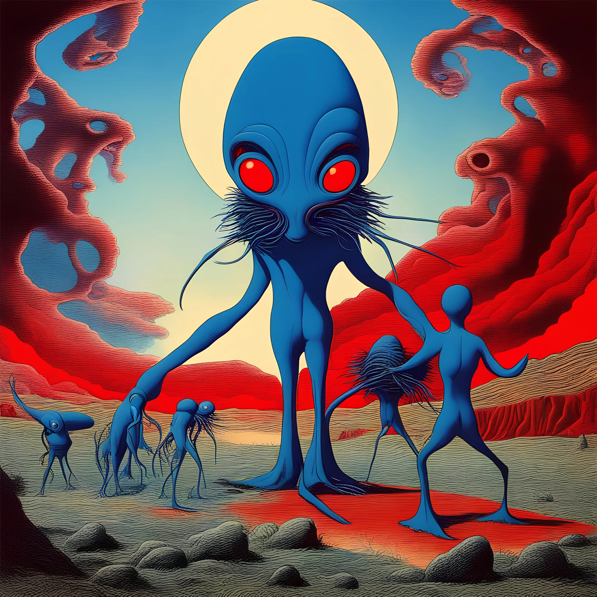 French surrealism animation art from 1970s, illustration of large blue alienoid creatures, mesmerizing, hallucinogenic tones, strange, creepy cutout style of animation of phantamosgoric giant blue alien with red eyes, Czech animation tradition, art by Roland Toper, Dali-esc environment, trance-like, Fantastic Planet aliens