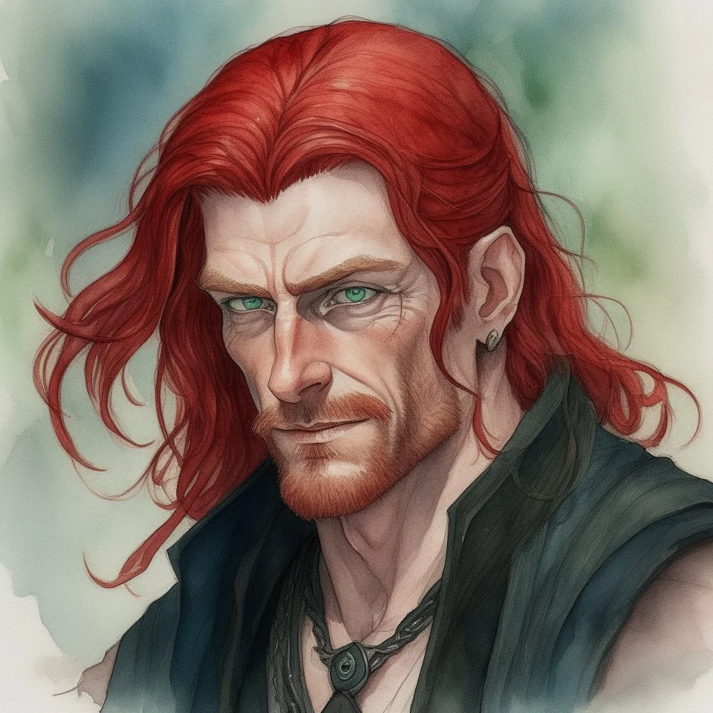 dnd, fantasy, watercolour, large strokes, stylistic, portrait, illustration, dull colours, male, face, narrow long face, weathered face, green eyes, determined, smiling, red hair, very long hair streaming down the shoulders, lush hair, radiating light, five o'clock shadow