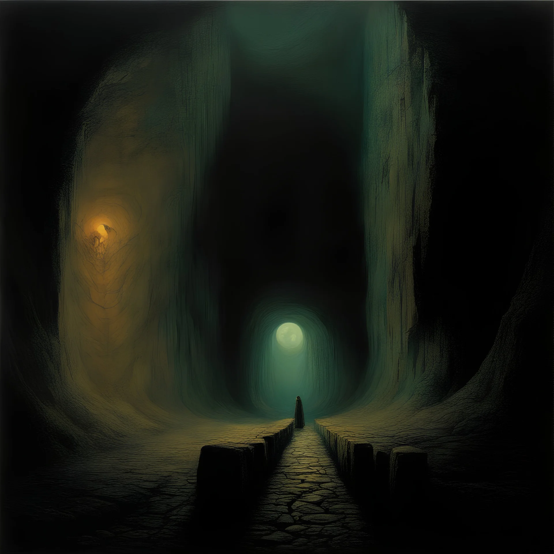 Dark cavern by Zdzisław Beksiński oil painting underground gloomy light