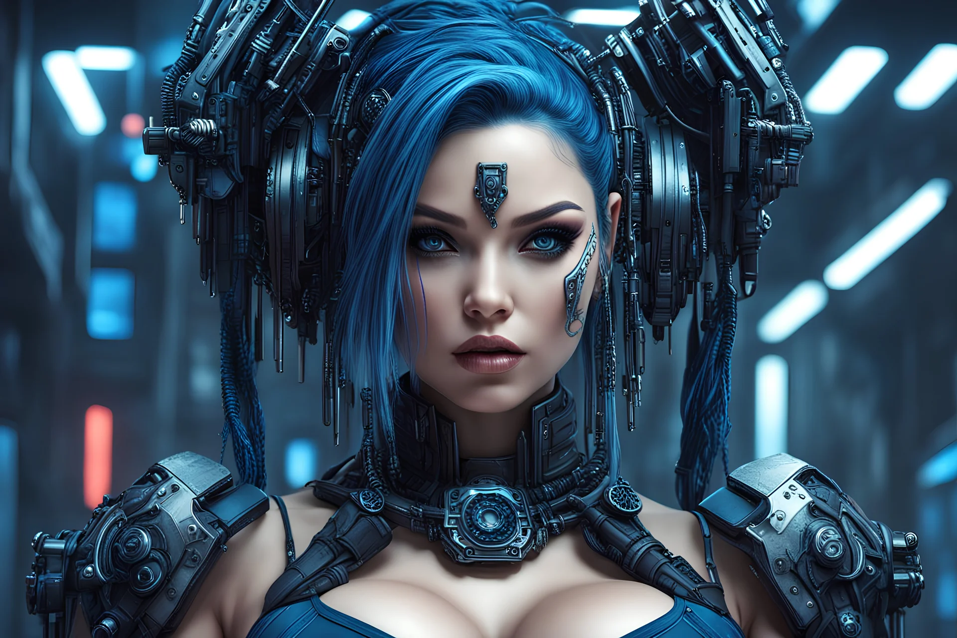 beautiful cyberpunk huge girl, hyperdetailed, darkblue tones,