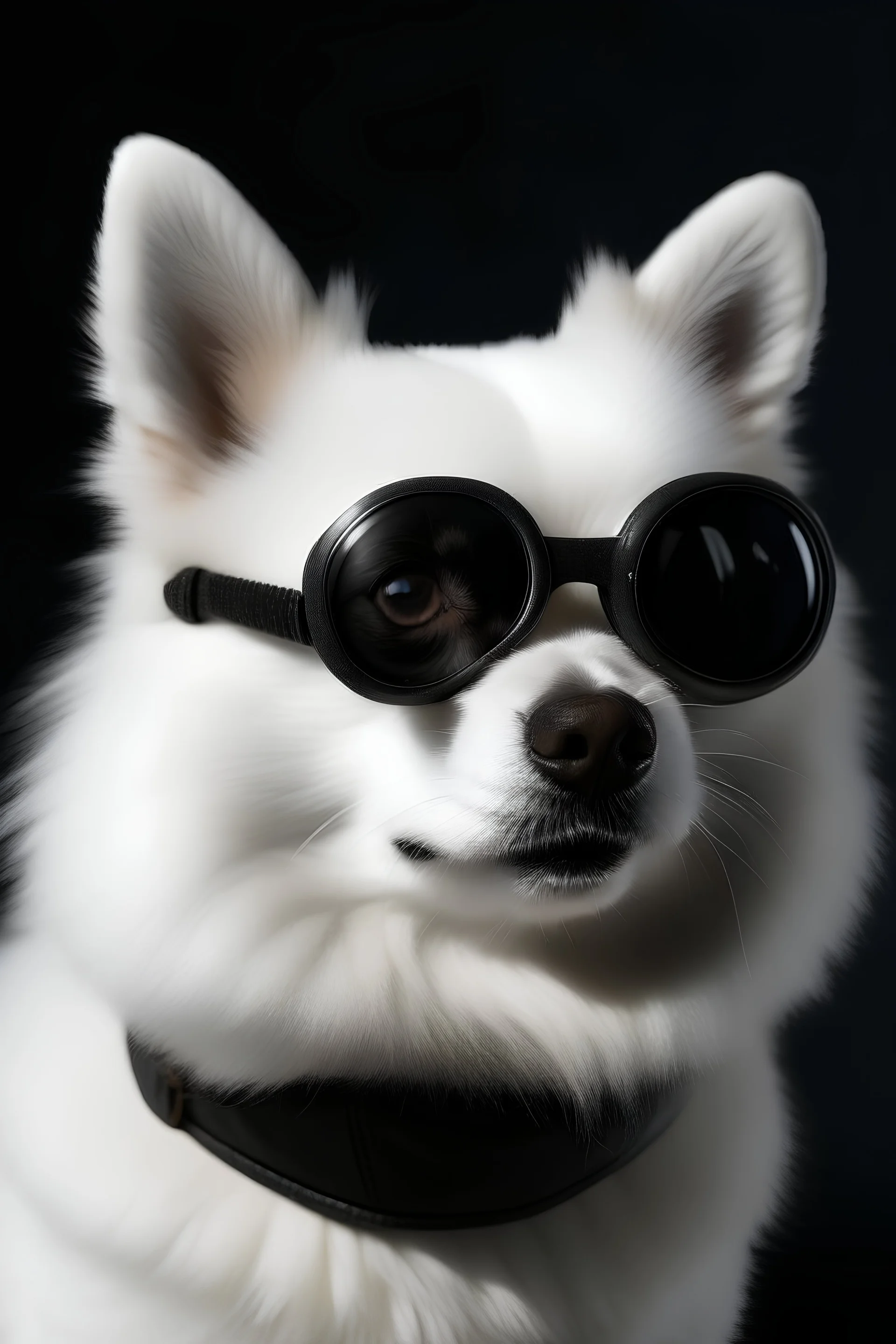 white spitz reegal with black goggles