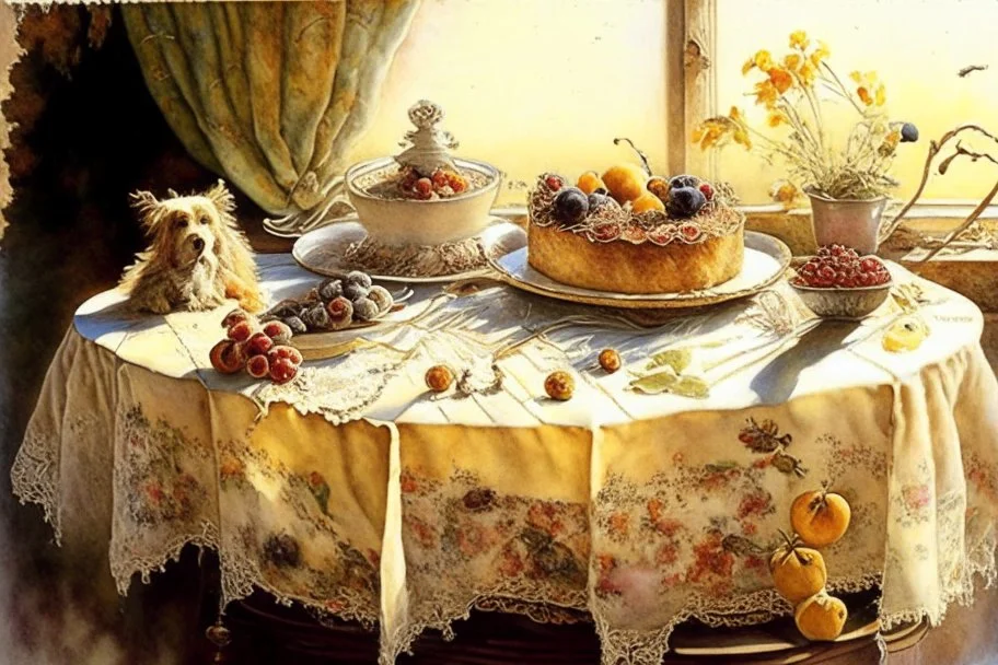 Cake with fruits on a lace tablecloth on a kitchen table, oil on canvas, watercolor and ink, dogs, Jean Baptiste Monge, Jacek Yerka in sunshine