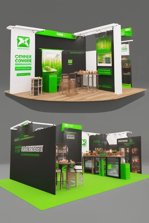 Corner green exhibition stand of a food company with product displays and a meeting area