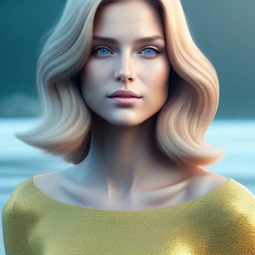 A portrait very beautiful woman ,smiling, longs blond hairs, elegant, atmospheric, realistic, cinematic lighting, 8k, galactic atmosphere, beach