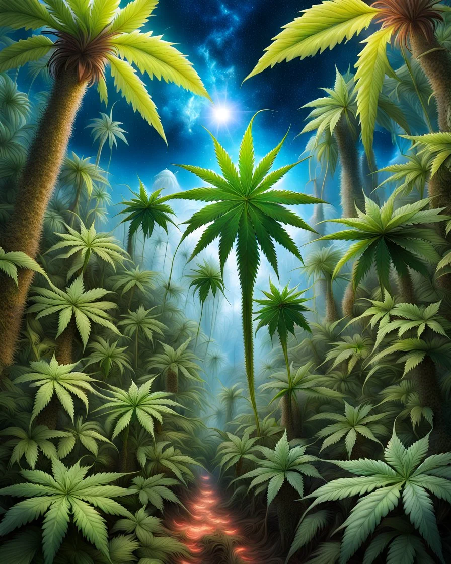 Forest of giant cannabis plants in a tropical setting, beautiful fantasy landscape, realistic and natural, cosmic sky, detailed full-color, nature, hd photography, fantasy by john stephens, galen rowell, david muench, james mccarthy, hirō isono, realistic surrealism, elements by nasa, magical, detailed, alien plants, gloss, hyperrealism