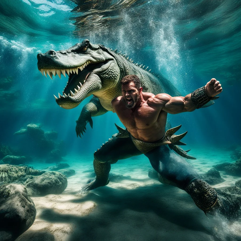 realistic high res underwater photo of a muscular warrior fighting bare hands with a giant crocodile : he grabs the crocodile by the neck.