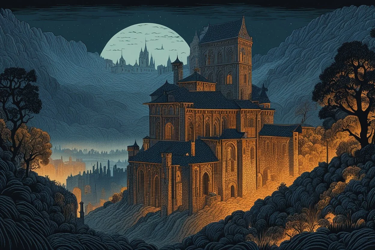 museum quality color woodcut landscape of a dark, otherworldly, and foreboding medieval Italian tower house thickly veiled in dense fog , with highly detailed stonework in 10th century Florence , at midnight, in the style of Gustave Baumann, with a fine art aesthetic, highly detailed, finely cut ,8k render,