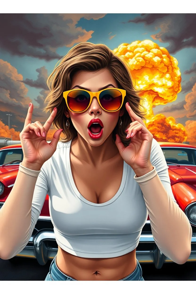 an young woman leaning forward(cropped tightly from between nose and stomach, white top with wide neck opening, cleavage, hands at face with surprised expression, home alone scream, wavy hair, large cheep colorful sunglasses, gloss lips), nuclear explosion and classic Cars in background, greaser, digital painted illustration