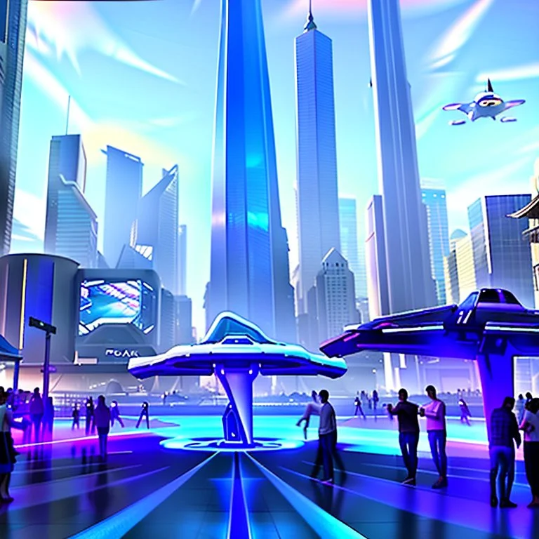 A group of people gather in a futuristic plaza, surrounded by towering skyscrapers and holographic advertisements. The plaza is filled with blue and purple light, and flying vehicles can be seen in the background.