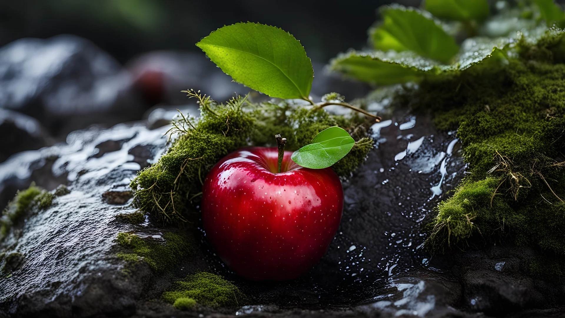 Close up of a deep red apple fruit on a wet rock,a worm comes out of the apple fruit,moss,high details,dark place