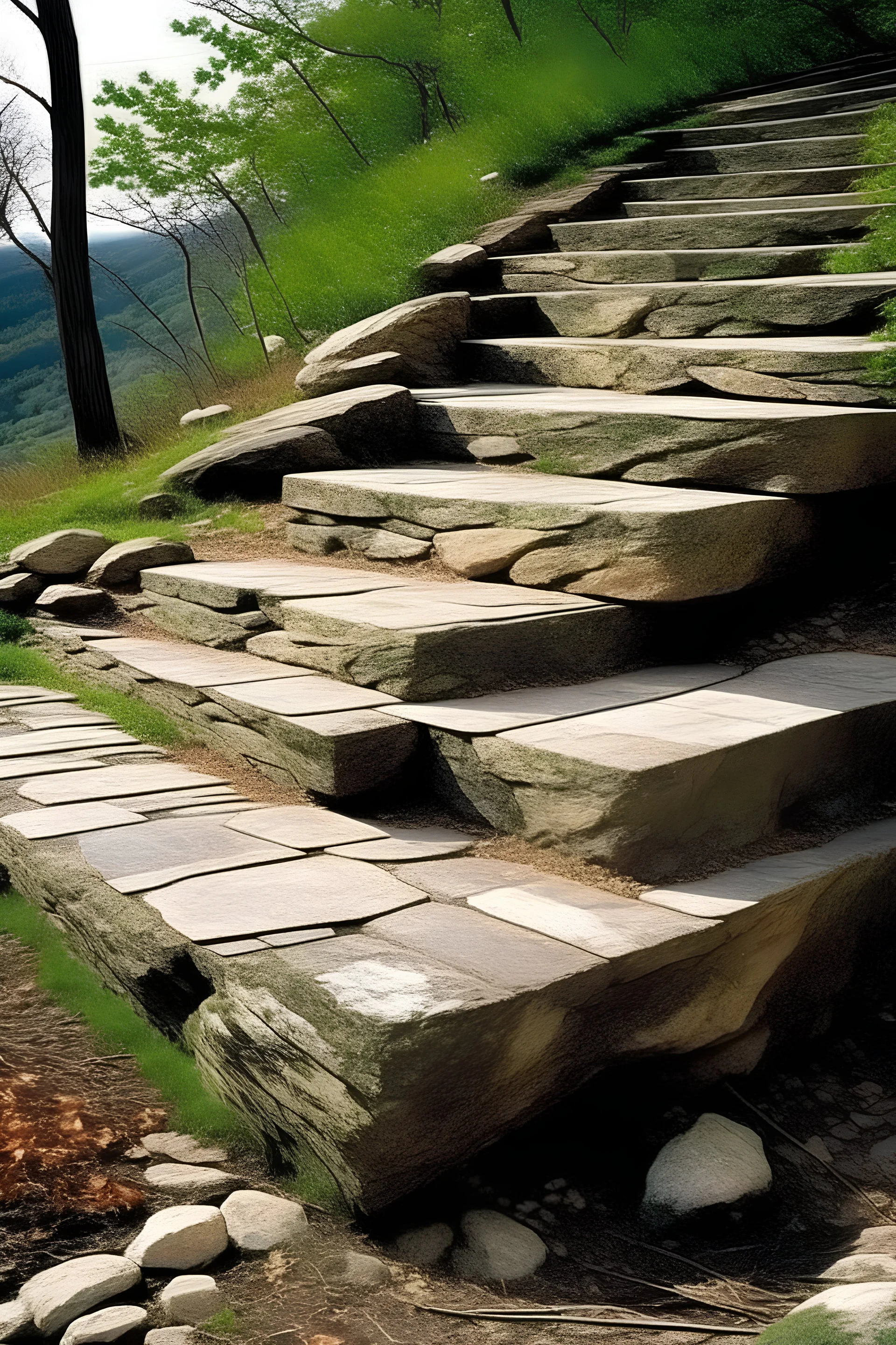 Create stone slab steps sticking out from the side of a mountain with a deep valley below.