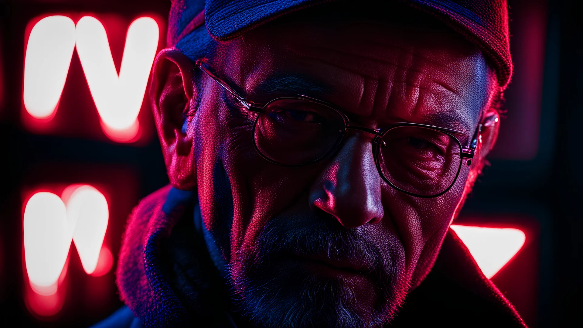 a man with a red and blue light on his face, color photograph portrait 4k, color portrait, backlit portrait, red and cinematic lighting, cmyk portrait, photography portrait, low saturated red and blue light, chiaroscuro portrait, portrait photo of walter white, red and blue back light, dramatic lighting man, inspired by Edi Rama