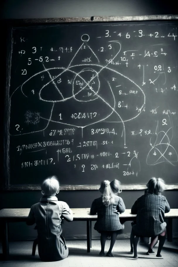 adult human sized subatomic particles, writing equations on a chalkboard, while educating human children sitting at desks