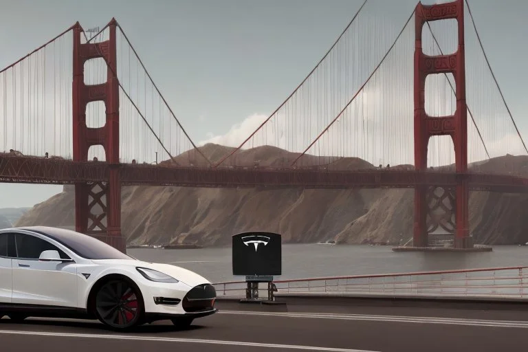 A Tesla 'Model S' is parked, on the 'Golden Gate' bridge. (CINEMATIC, WIDE ANGLE LENS, PHOTO REAL)