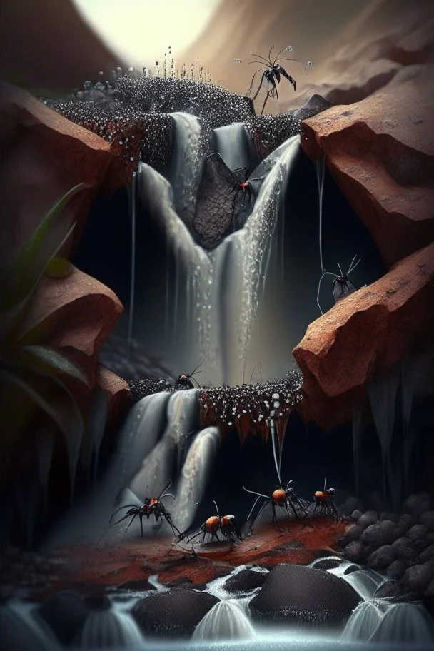 waterfall with ants