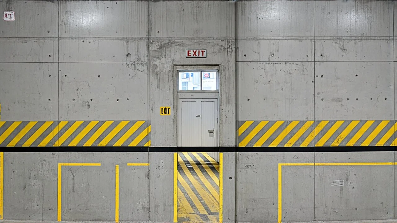 wall design for parking garage, concrete, yellow painted hazard lines, weathering and water stains, in middle is an exit doorway with small window, with a sign is above. rough painted hashmarks and parking lines, add signage found in a parking garage.