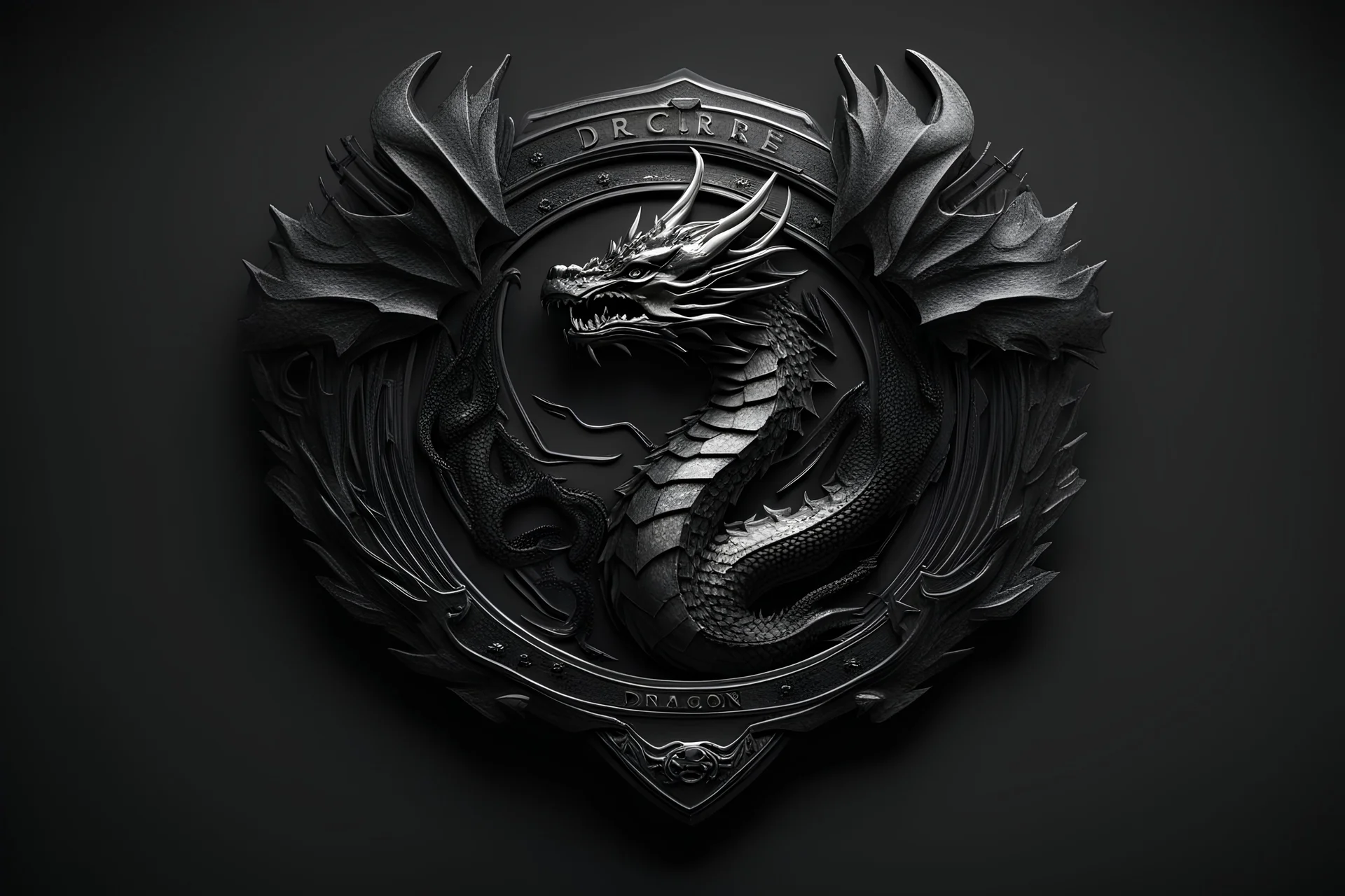 badge for uniform, secret organization named dragon, futuristic, hyperrealistic 16k, 3d rendering, black in black, dynamic light, black background, Letters DRAGON