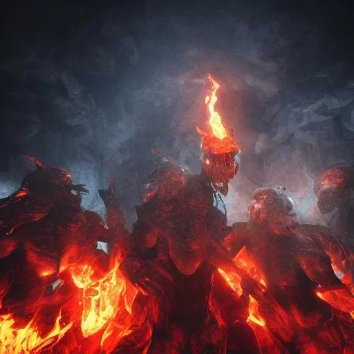 Cerberus, character-design, fire pouring from each mouth, full body, fiery dark skies in the underworld with Hades in the background, 8k, highly detailed, hyperreal, octane render, hdr, dark, sparkling lights, mysterious, surrealism, campbell white, 8K