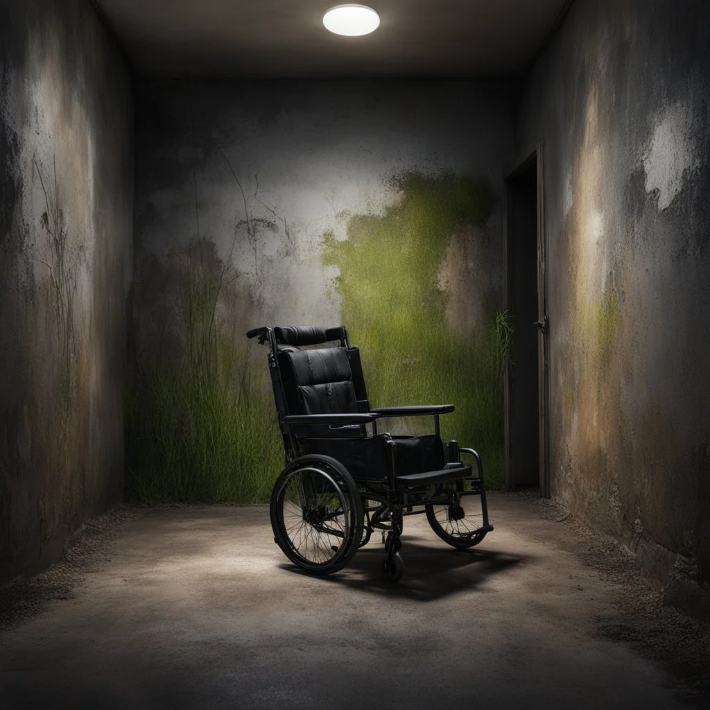 Hyper Realistic wheelchair in between of a dark hallway with grass patches & peeling vintage wall paint at night