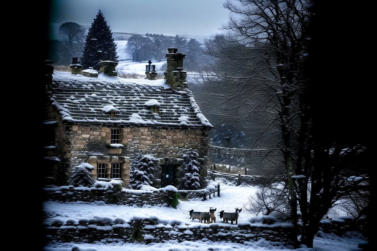 Vintage image of Snow falling heavily in the Cotswald area of England. A stone cottage with smoke coming out of the chimney. Surrounded by stone fences. In the background a startled group of deer look this way. A thick forest behind them.