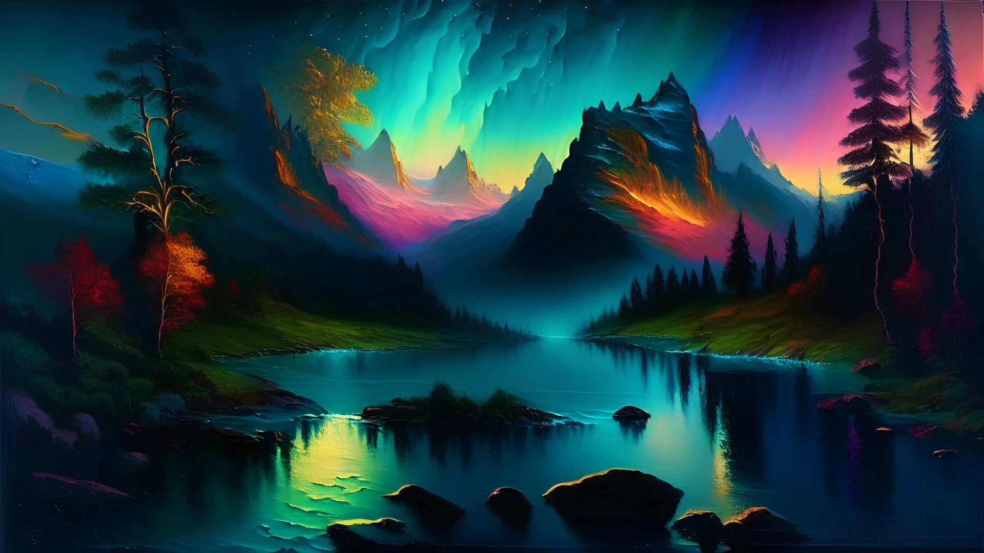 Serene landscape by night with northern Lights with river running trough mountains, a forest with a lot of vibrant colors, in the style of bob ross, thomas kadinskade and albert bierstadt. Peacefull and calming, intricate details, vibrant.