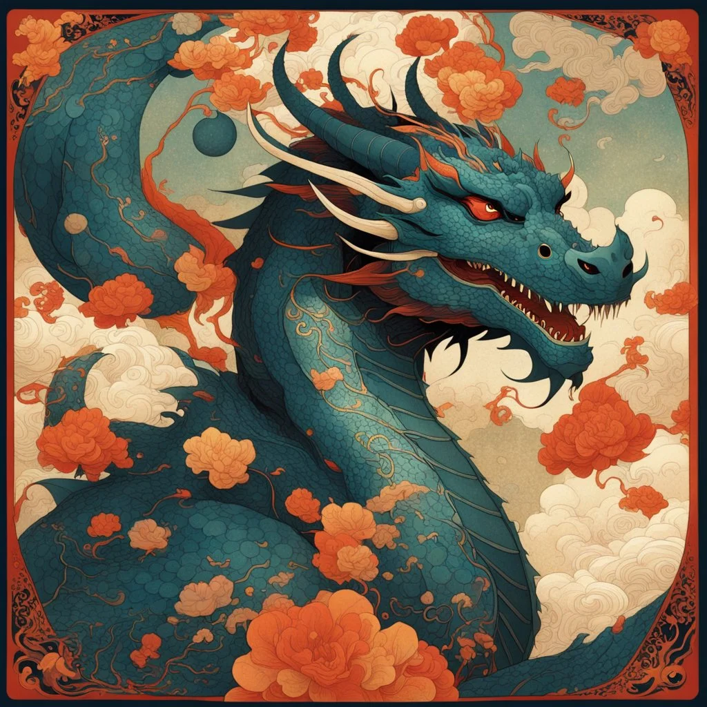 Bordered digital illustration of a Dragon Emperor by Victo Ngai. Hanafuda. High quality, masterpiece.